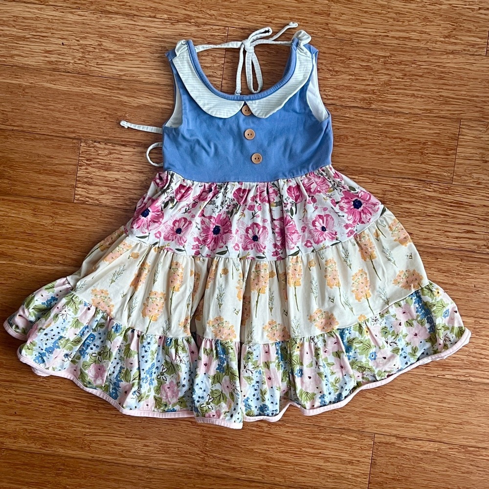 SweetHoney Tiered Floral Dress Girls 5Y Sleeveless Peter Pan Collar Blue Pink
